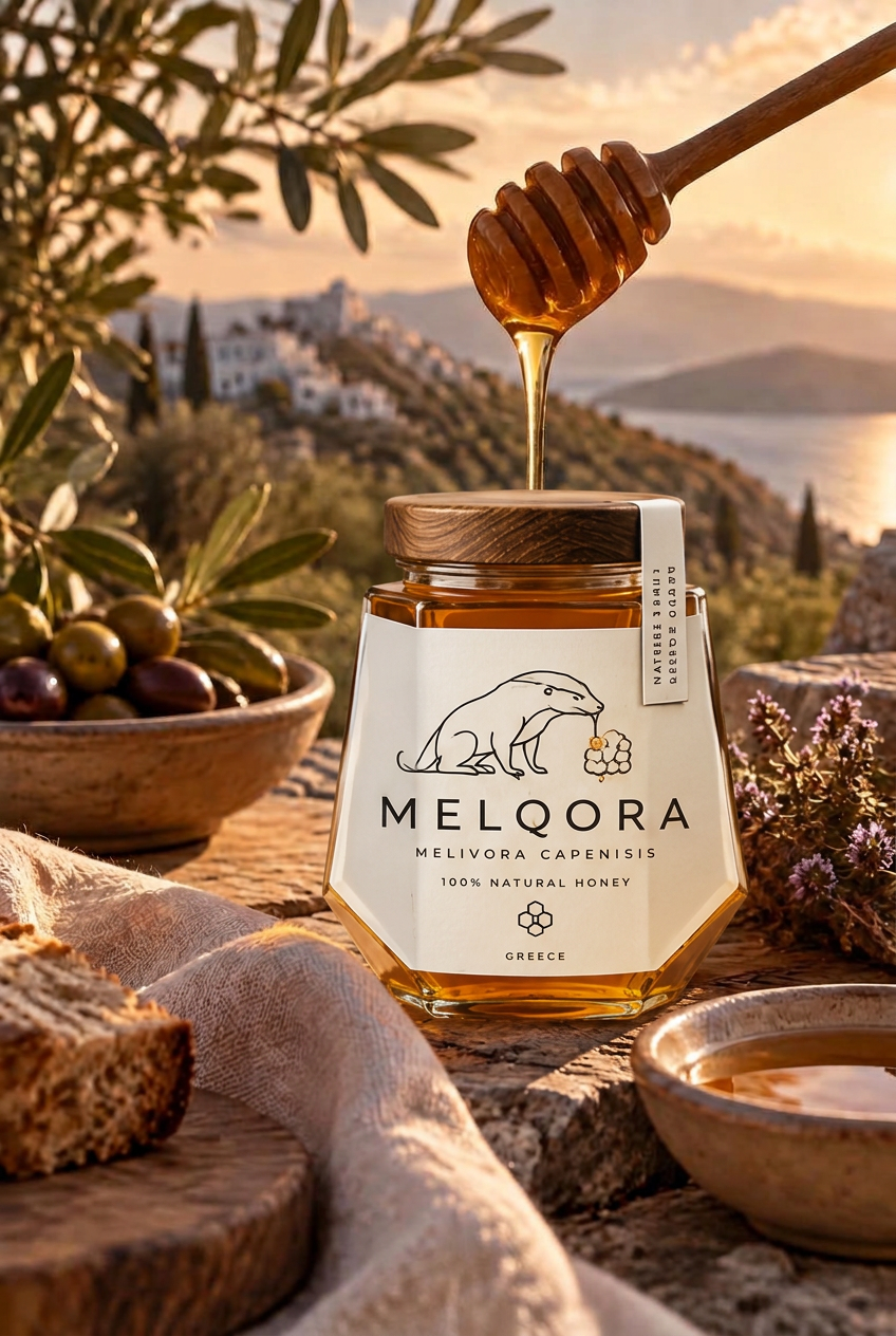 Melqora honey jar overlooking the Aegean